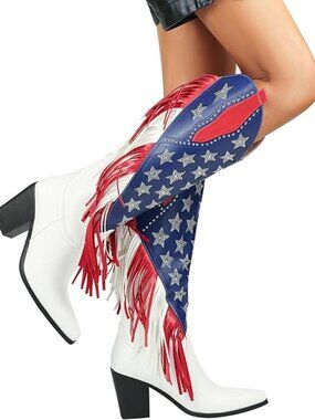 Women's Fringes American Flag Mid-Calf Western Boots Sparkling Stars Rhinestones